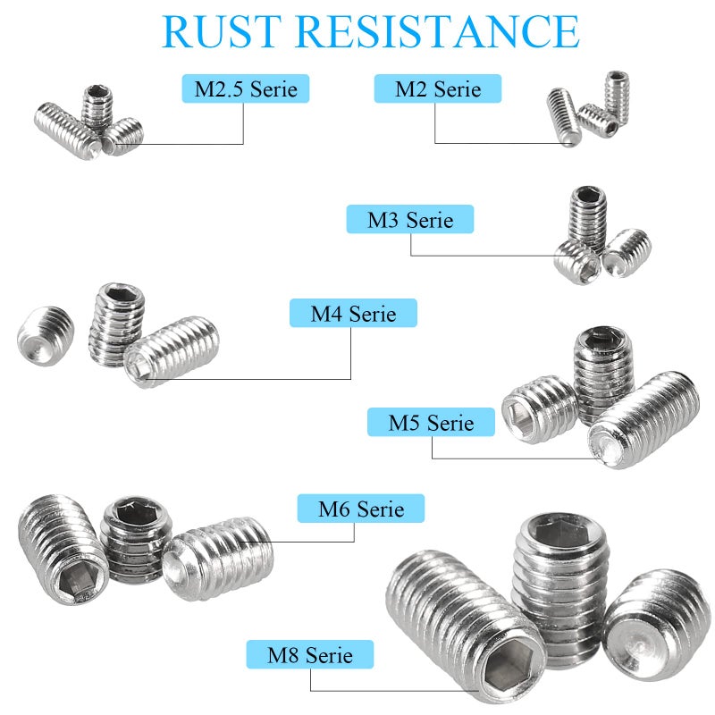 HanTof 747Pcs M2/M2.5/M3/M4/M5/M6/M8 Metric Hex Socket Head Cup Point Set Screws, Allen Head Grub Screws, Internal Hex Drive Headless Set Screws Assortment Kit with 7Pcs Hex Keys, 304 Stainless Steel - Image 3